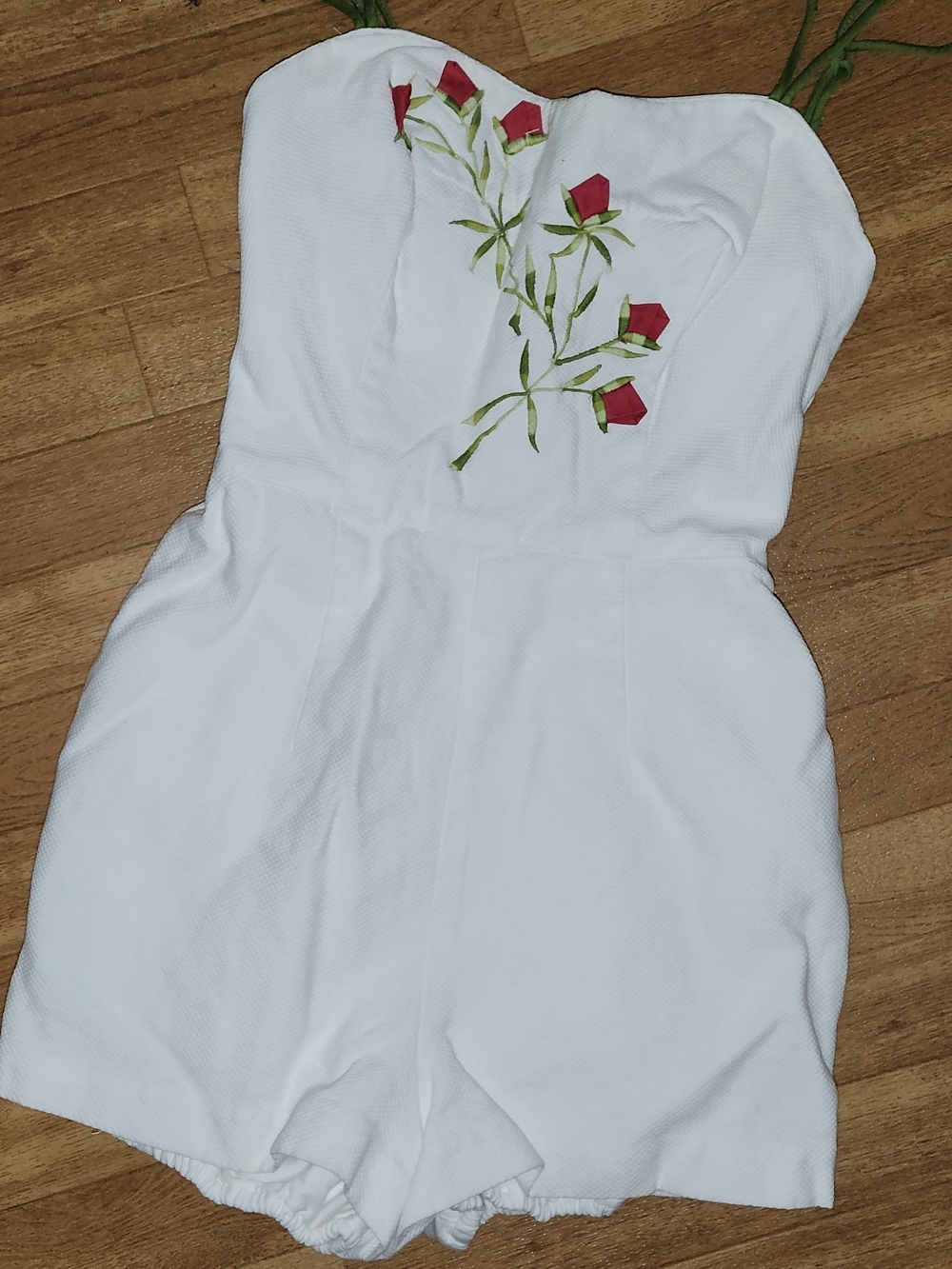 Vintage 1950s White Strap Romper with Red Floral Embroidery